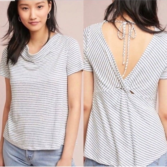 Anthropologie Maeve Coastal 100% Linen Striped Horizon Short Sleeve Top in Small - Picture 1 of 10